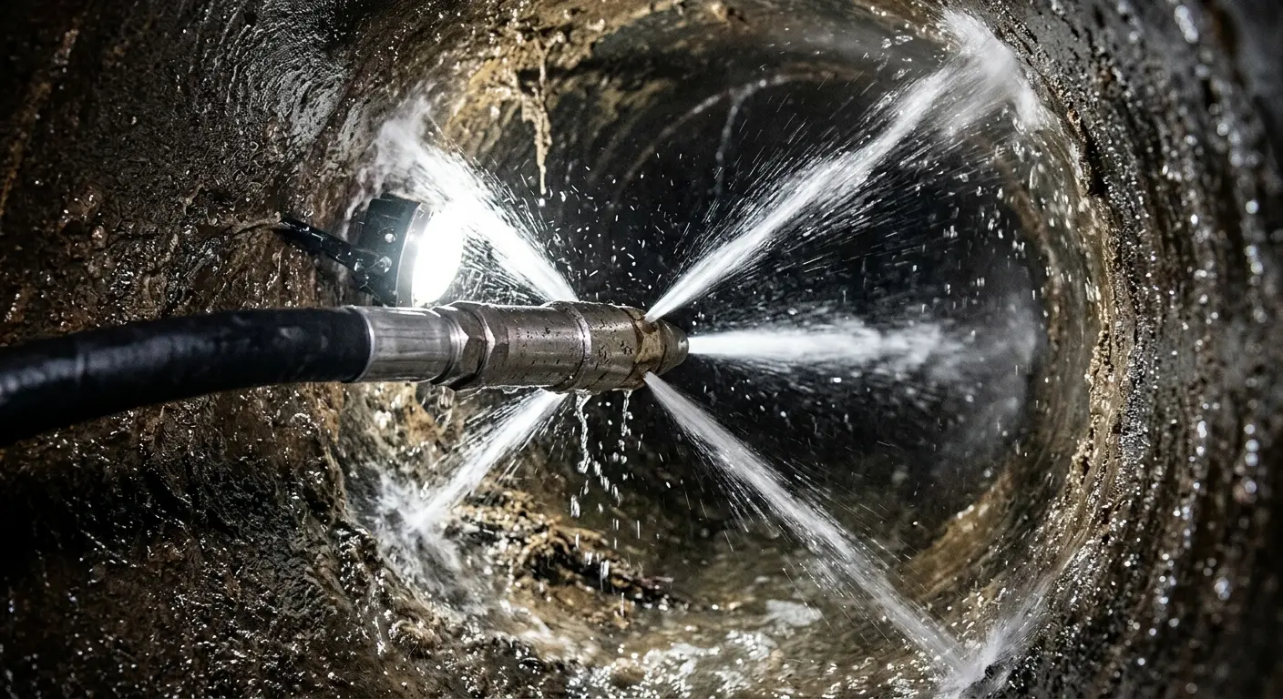 High-pressure hydro jetting nozzle cleaning sewer pipe for Trenchless Sewer Repair in Bartonville
