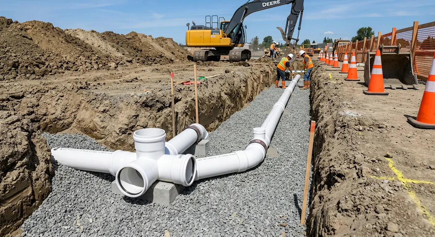 New PVC sewer pipe installation in open trench for Sewer Backup in Bartonville