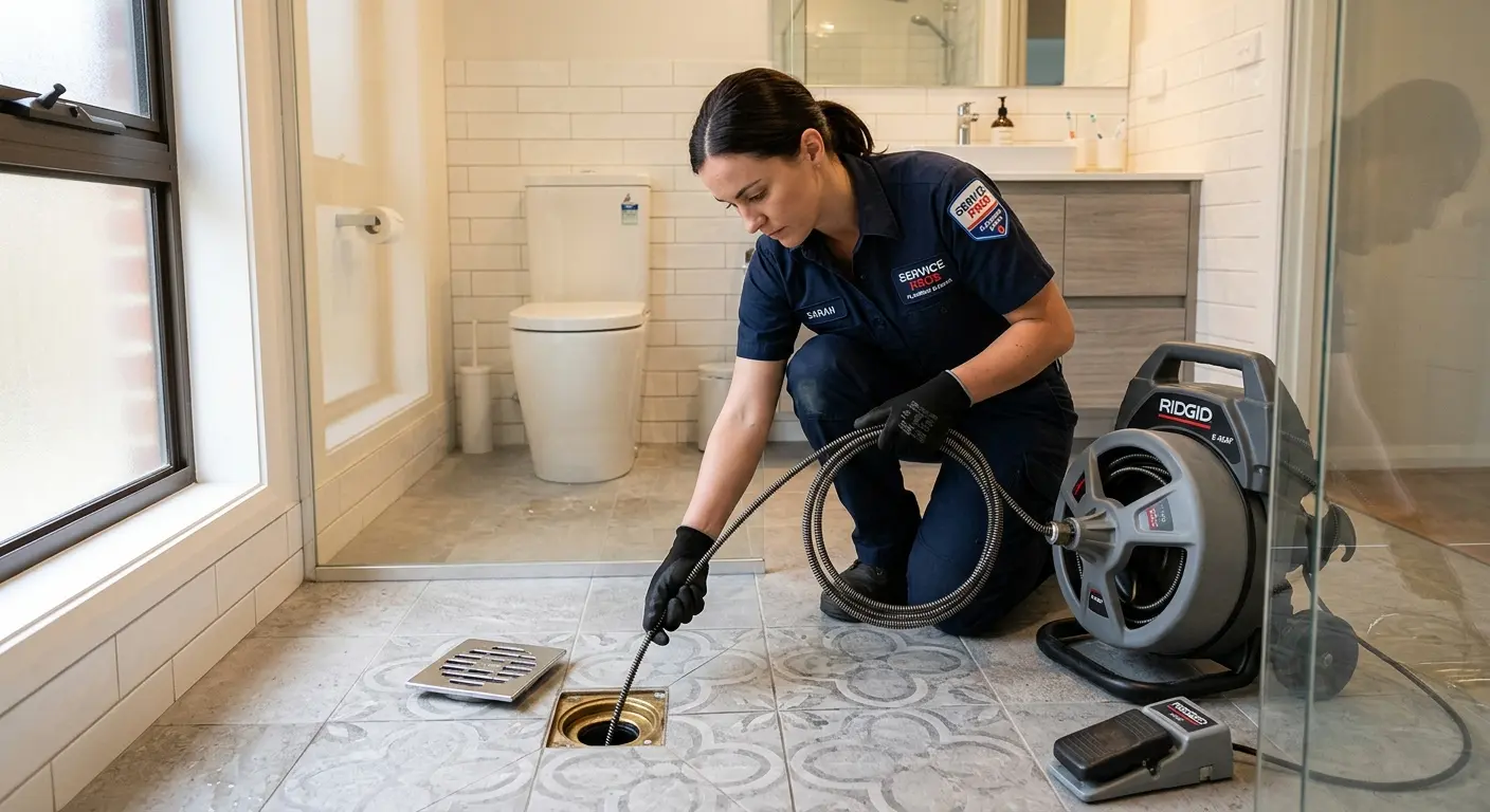 Technician clearing a bathroom floor drain for Hydro Jetting in Bartonville